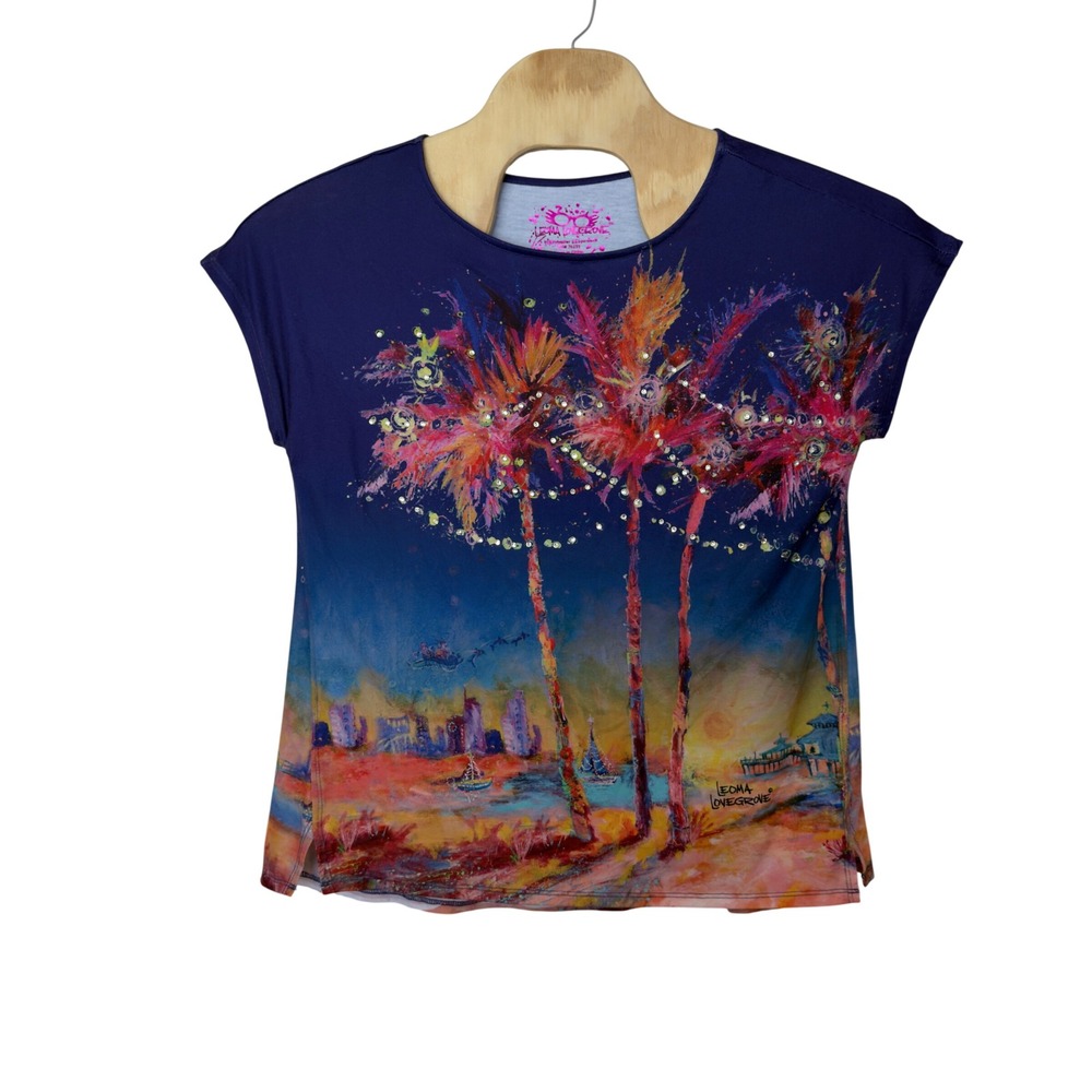Leoma Lovegrove Women's Palm Tree Tropical Bedazzled Top Size L Artsy Vacation